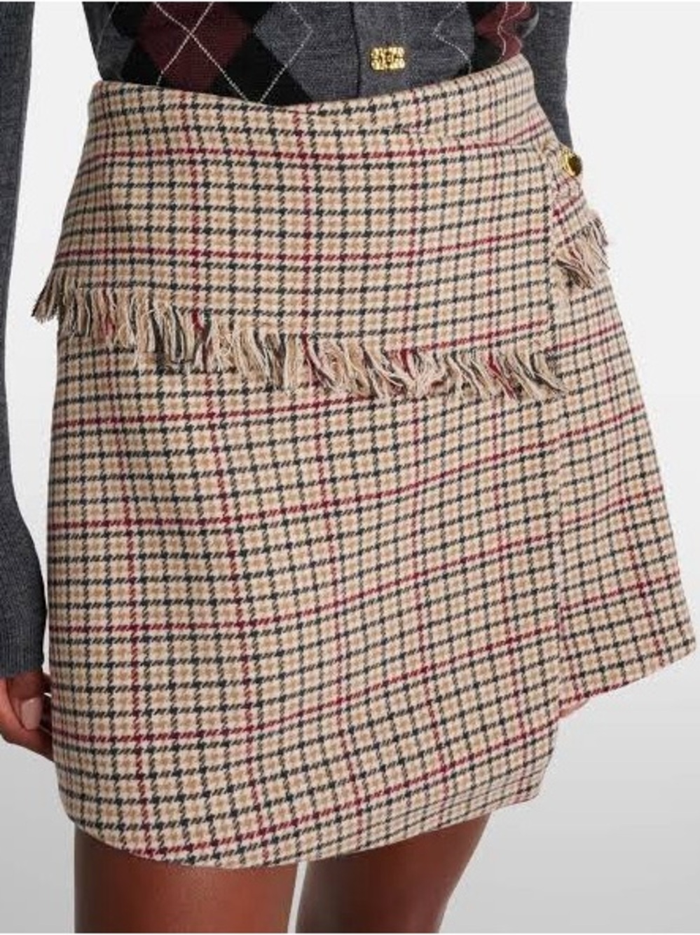 GANNI Plaid Checked Mini Wrap Skirt Wool Blend Beige Size 40 L